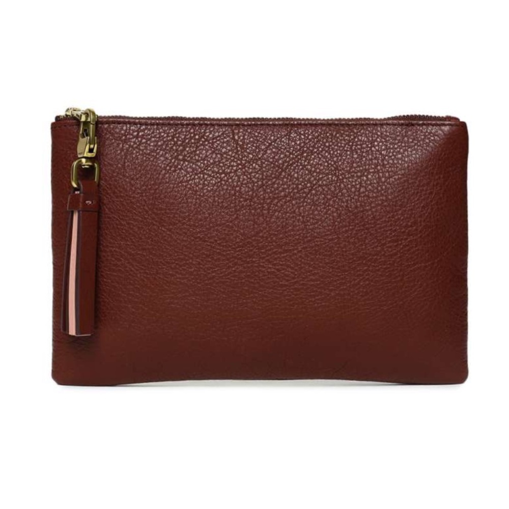 Fossil Cowhide Leather Henna Pouch Wallet Coin Purse with Tassel Oxblood + Pink